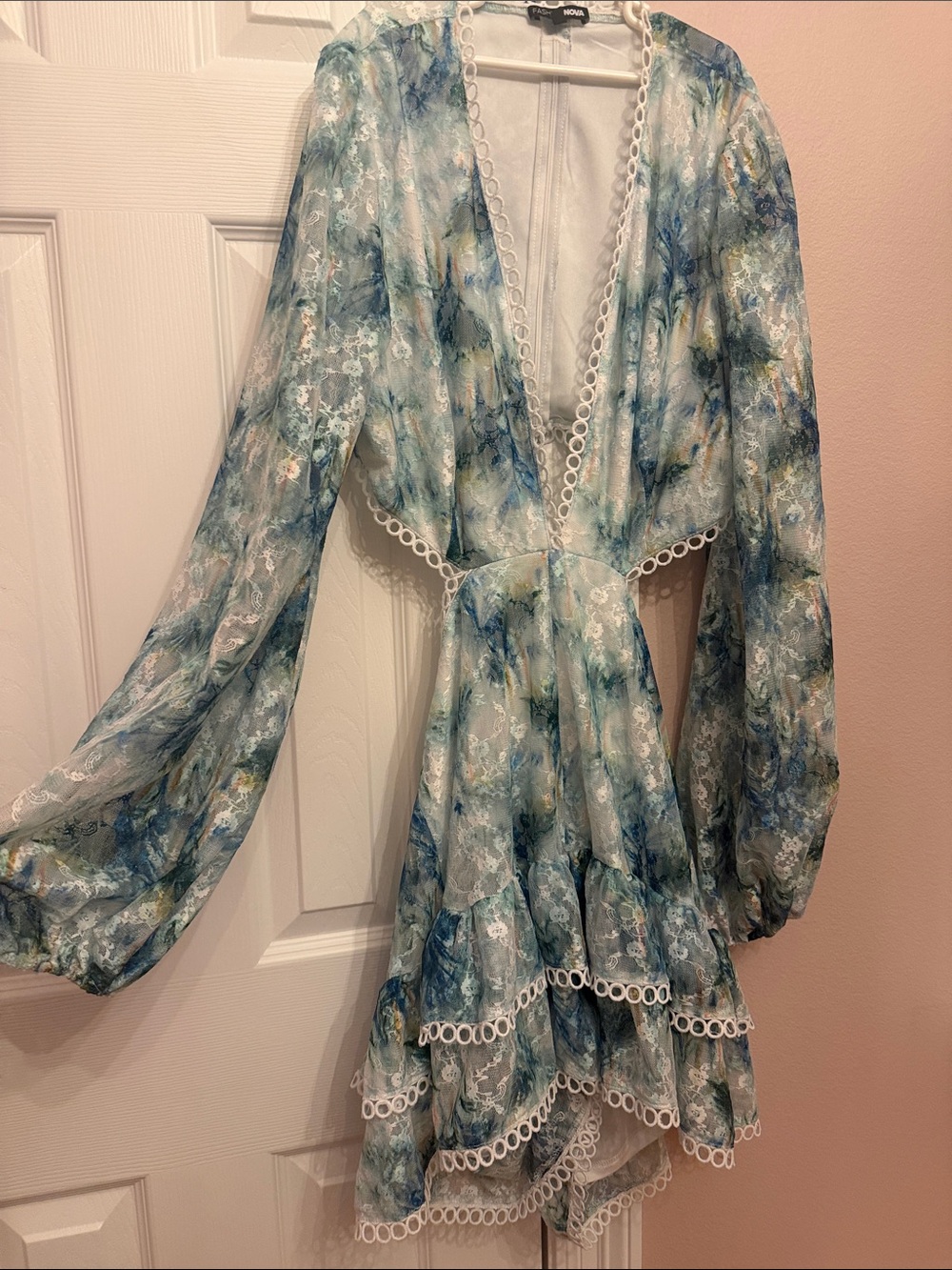 Sheer Blue-Green Floral Lace Trim Mini romper
